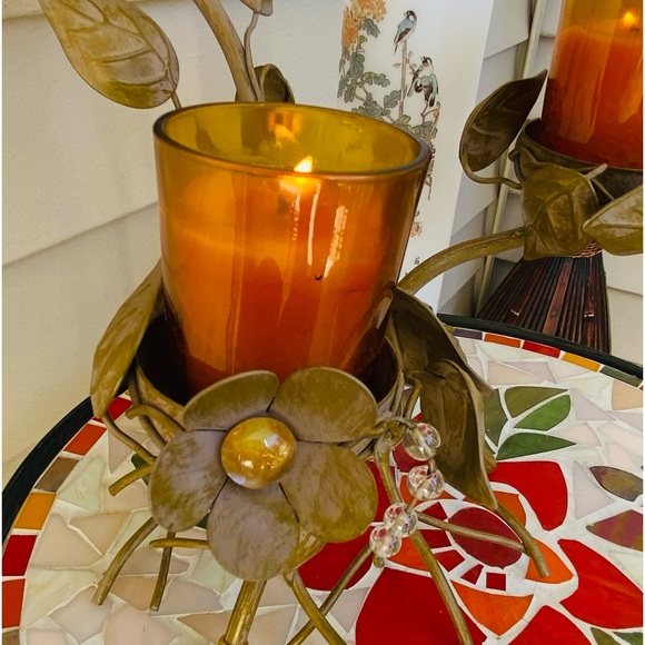 PartyLite Vintage 3+1 Candle Holder Centerpiece-Metal Leaves&Flowers, Beads&Gems - Picture 7 of 17